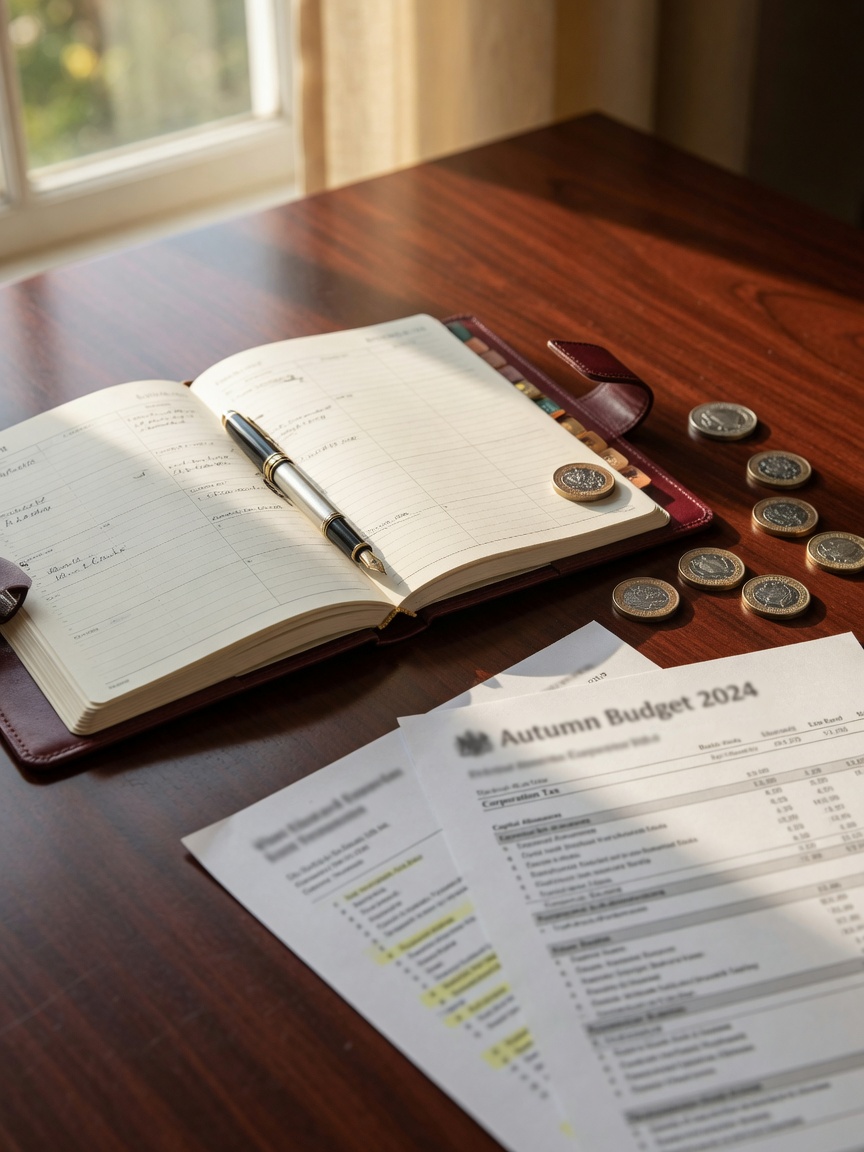Autumn Budget tax documents and planning journal on a professional desk