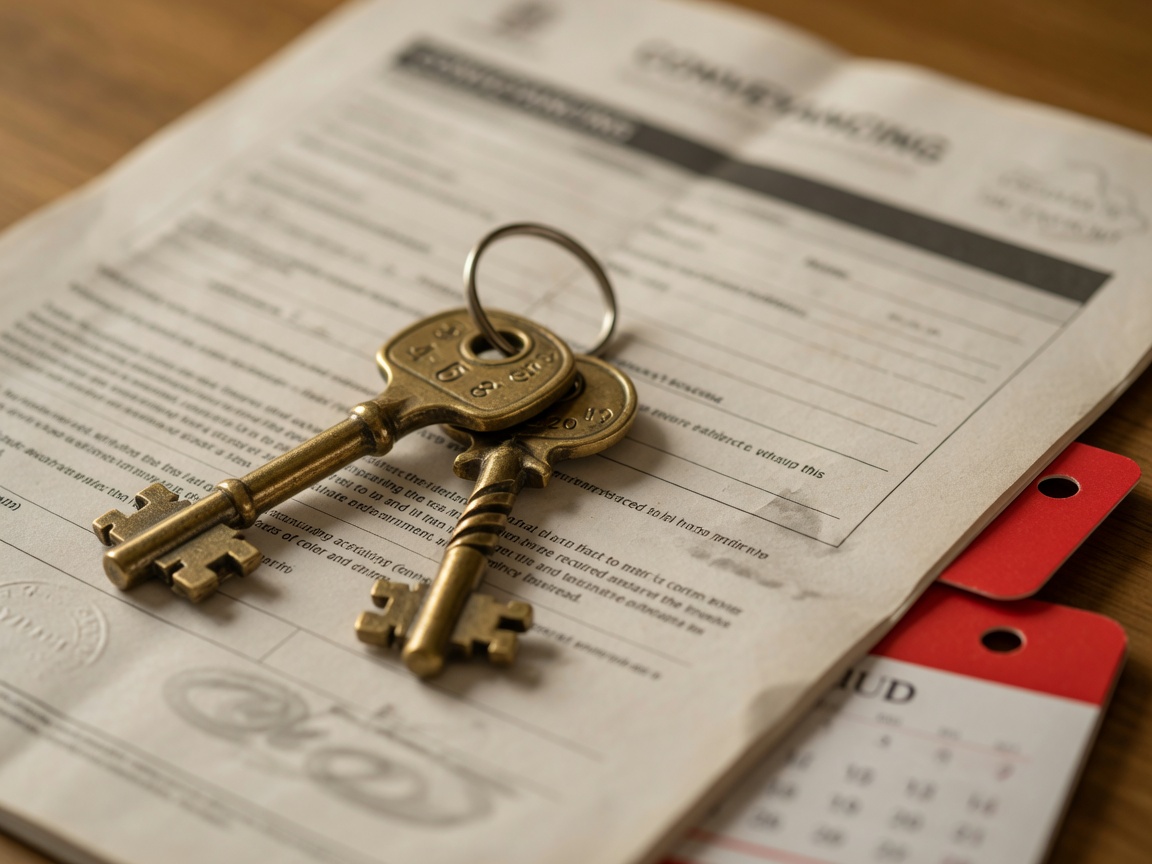 Macro close-up of house keys on a property conveyancing contract