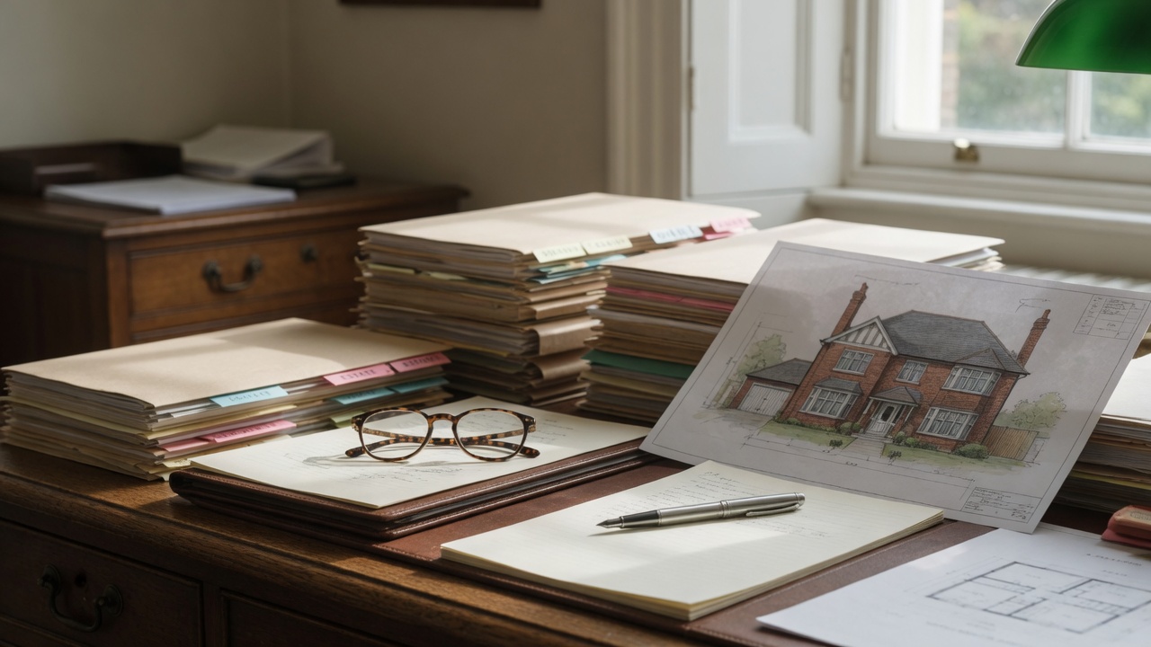 Estate planning documents and legal folders on a solicitor's desk
